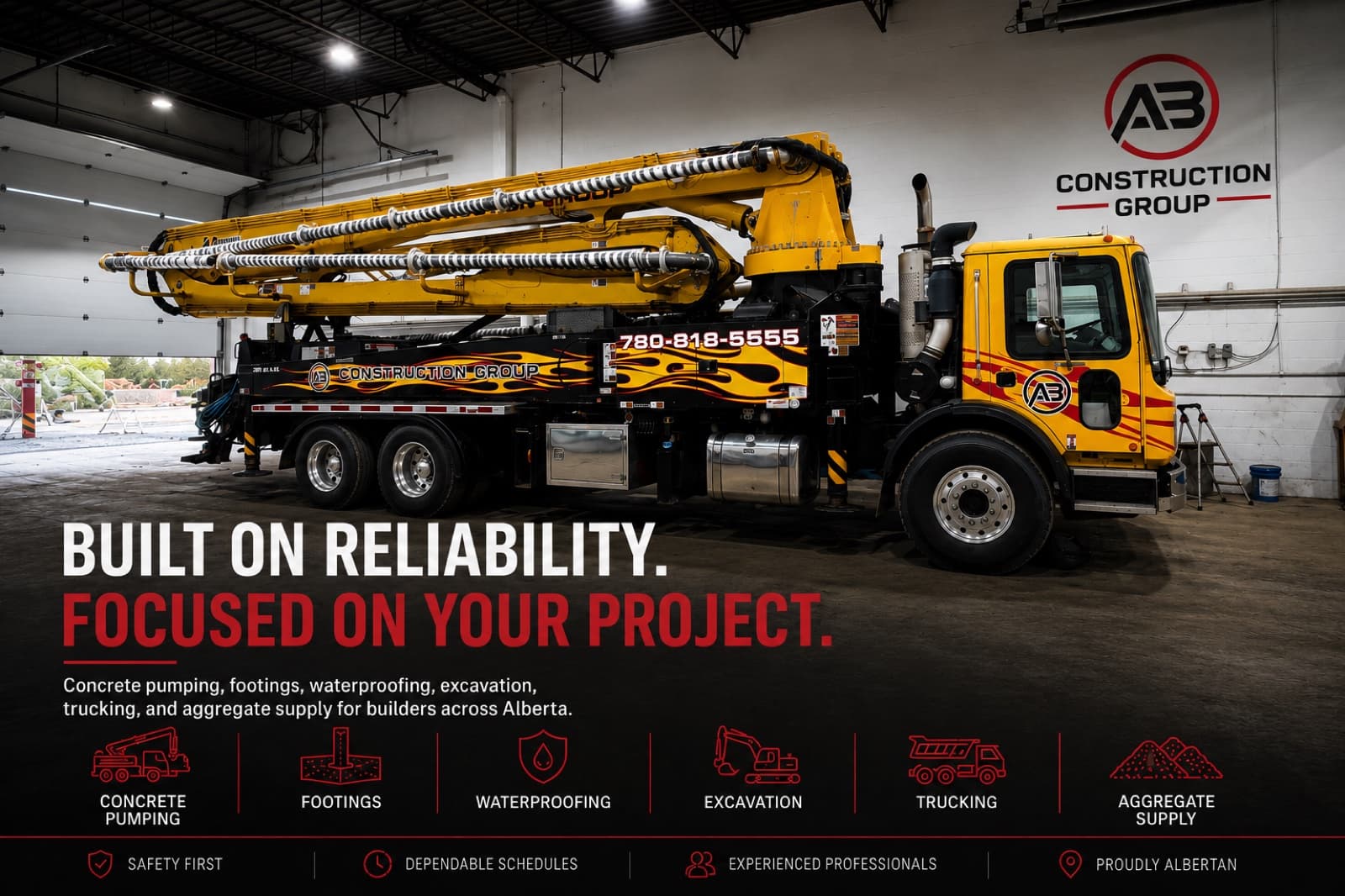 AB Construction Group — concrete pumping, footings, waterproofing, excavation, trucking, and aggregate supply for builders across Alberta